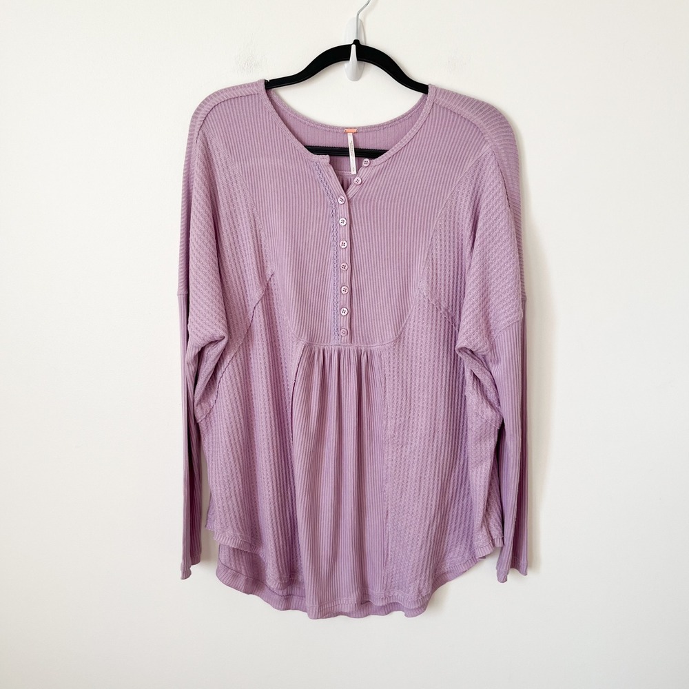 Free People Leo Oversize Henley Waffle Knit Ribbed Top Purple Womens Small